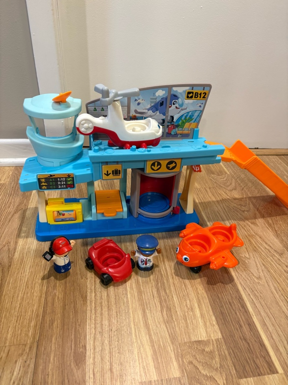 Kids Airport Playset with Blue Terminal and Orange Vehicles